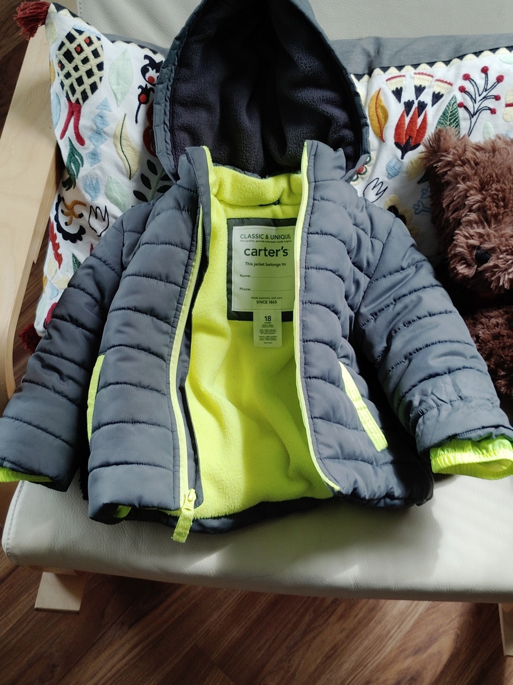 Carter's Gray Puffer Jacket with Neon Yellow Trim